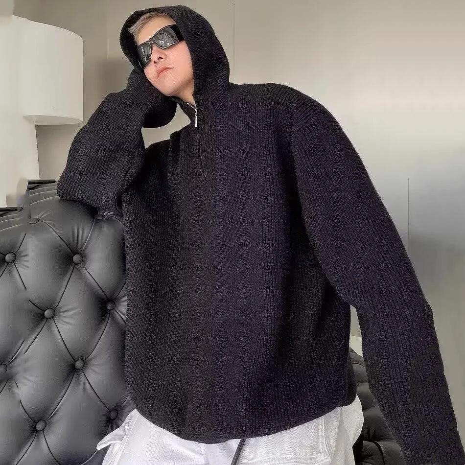 

Loose Fit Hooded Knitwear Bla round Ne Sweater for Men Autumn Winter plus Size 300 Pou American Sle INS Trendy Sle