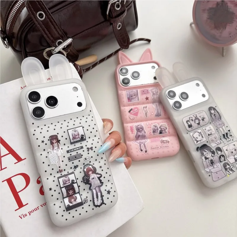 Japanese Y2K Cute Bunny Ear Phone case for iPhone 15 16 17 Pro Max 17 Pro Anime Girl Down Jacket Styles Soft Protective Cover