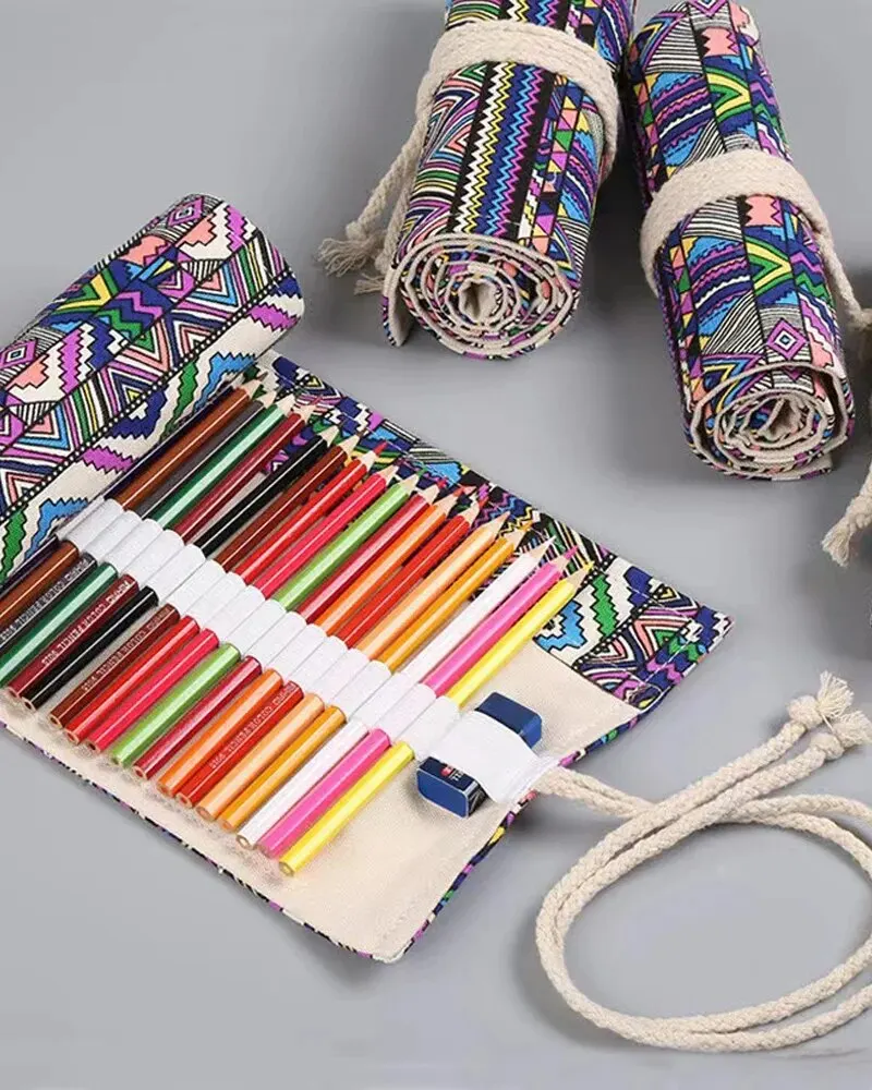 48 Holes Canvas Roll Up Pencil Case School Students Supplies Brush Pen Bag Cute Pencil Cases Stationery