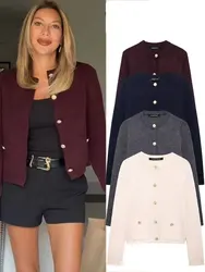 HH Women's Winter Slim Short Knitted Cardigan Jacket Retro Round Neck Gold Breasted Decoration Elegant Women's Casual Jacket