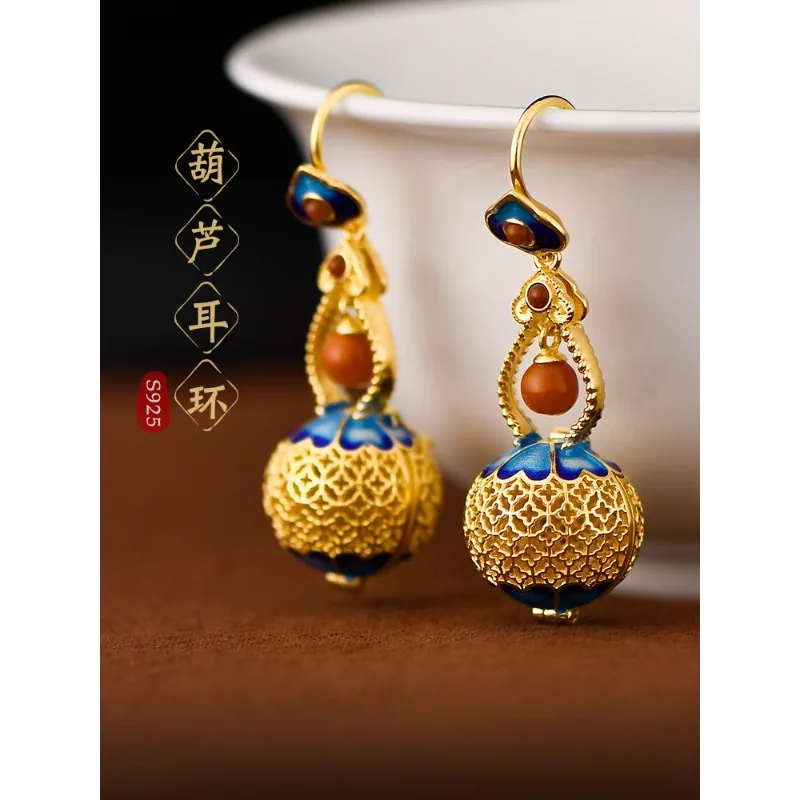New Chinese Style Gourd Earrings for Women Openwork Burnt Enamel Sachet Gau Box Pendant Palace Inspired Jewelry Gift Daily Wear