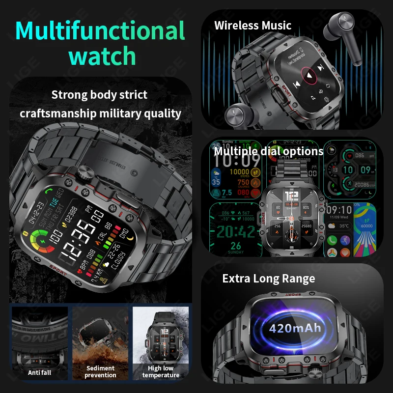 2024 Rugged Military Fitness Smart Watch Men For Android Xiaomi IOS 3ATM Waterproof Sport Ai Voice Calling Smartwatch Outdoor