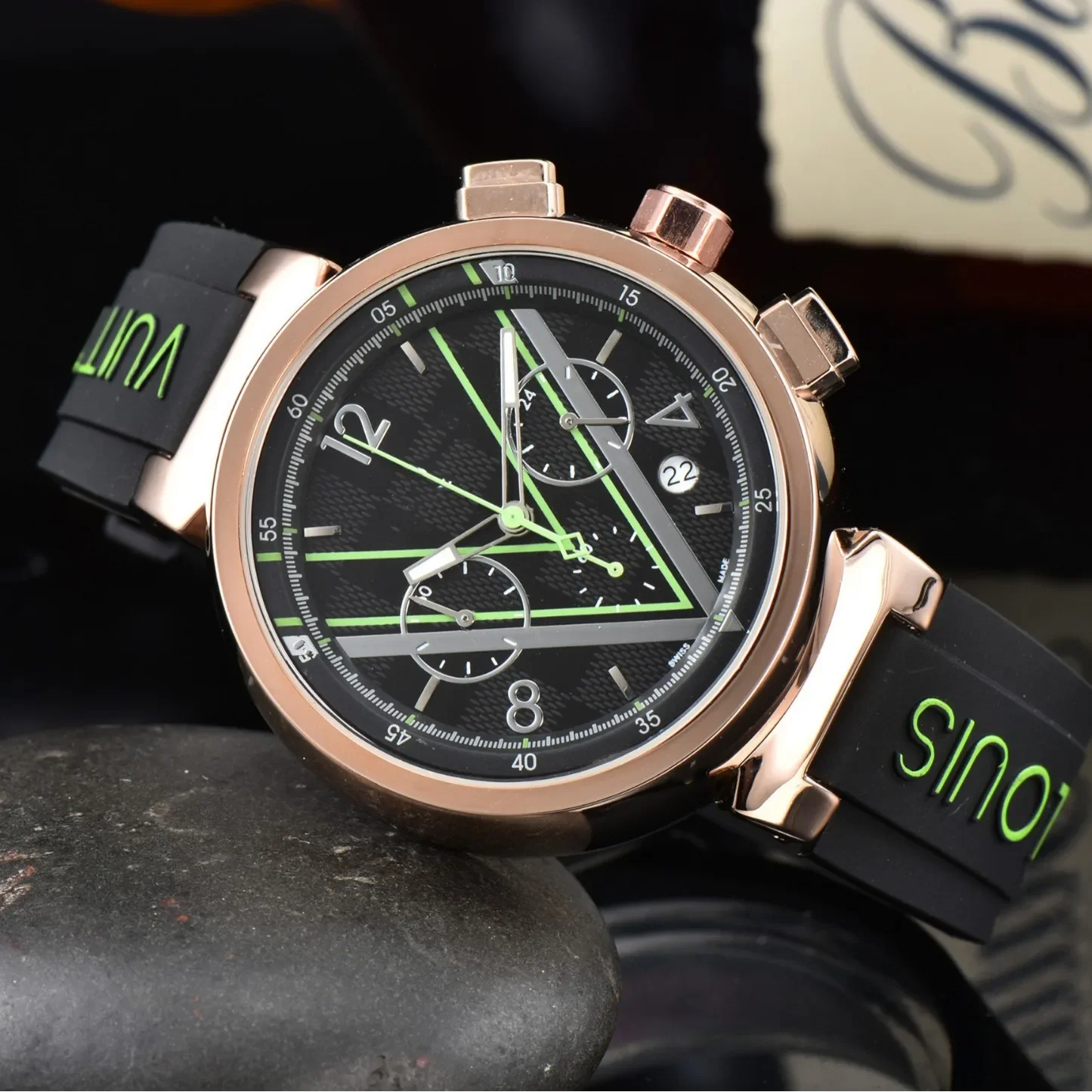 2025 Reloj cronógrafo de lujo para hombre Cristal de zafiro 100M Correa de silicona resistente al agua Movimiento de cuarzo Calendario de fecha