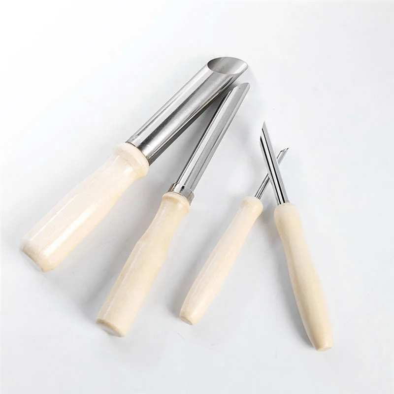 4PCS  Tools Stainless Steel Punch Pot Hole Drilling Round Practical Wooden Handle Manual Set White&Silver