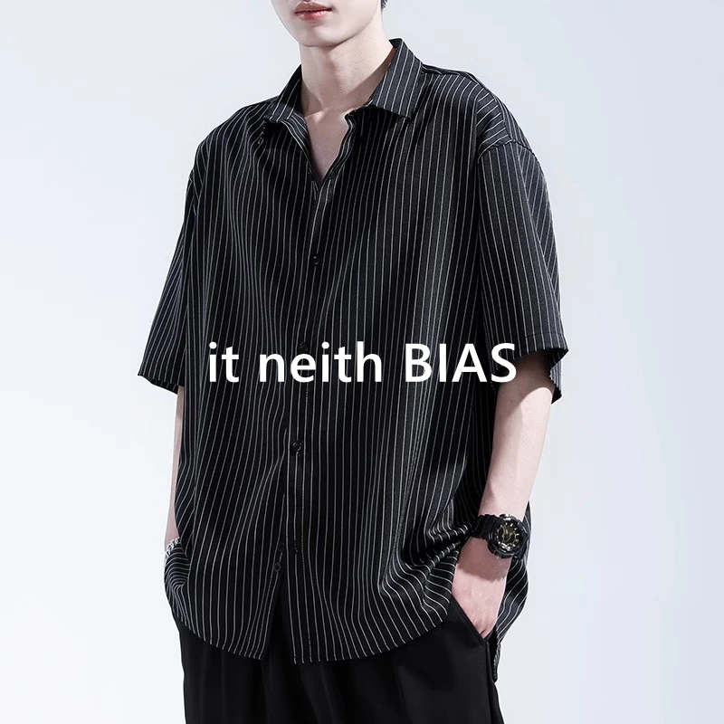 

Ice Silk ort Sve irt Men's Stripe Thin Qui Dry Bla Casual Top Lightweight Faionable Commuting Adult M Wear