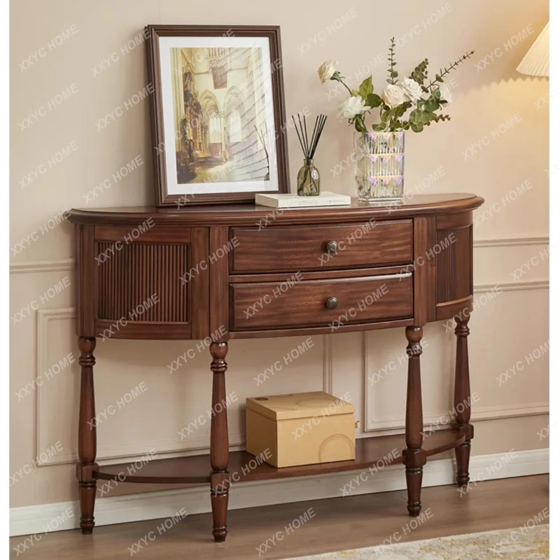 XXStyle Solid Wood Entryway Table Black Walnut Half Round Entryway Counter Table Hallway Side Table Storage Cabinet
