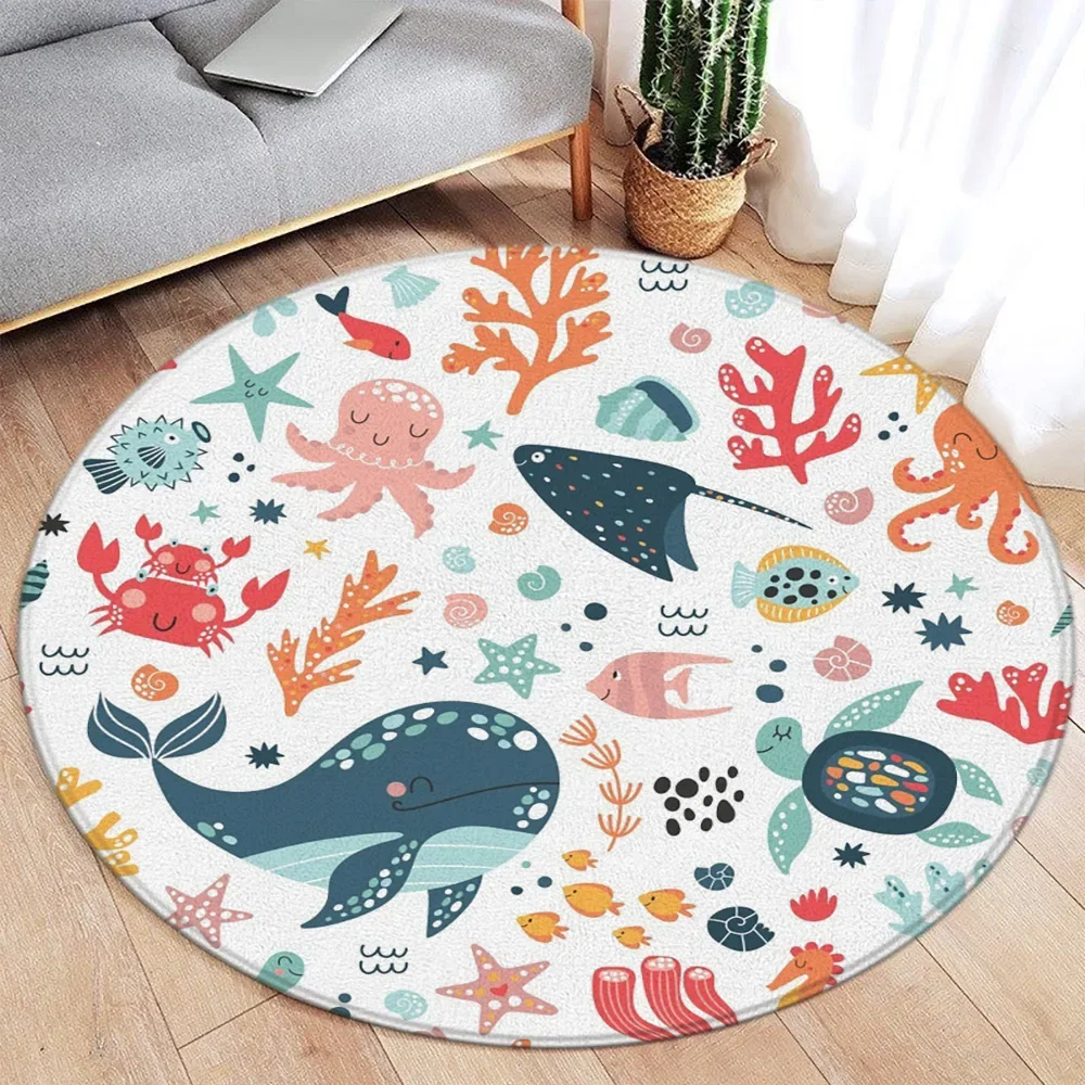 Cartoon Ocean & Jungle Animal Print Round Rug – Cute Fish, Dolphin, Starfish, Deer, Lion, Elephant, Tiger Kids Floor Mat Decor - view 3