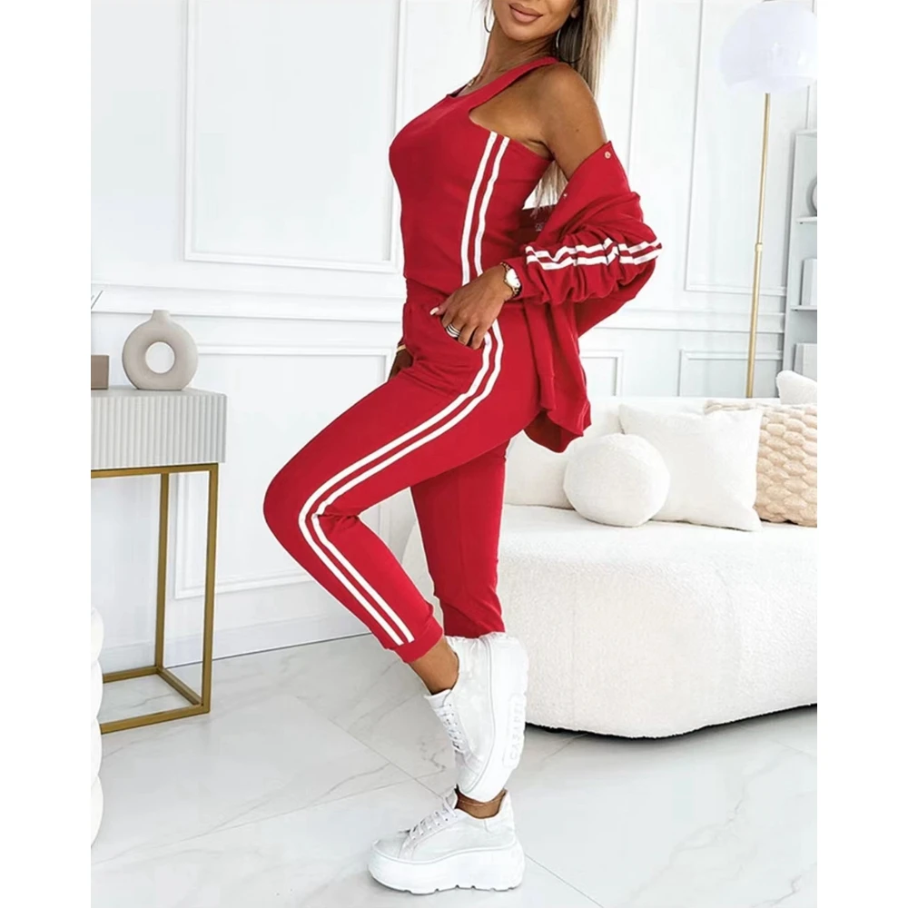 Women Autumn Three Pieces Elegant Pants Sets Striped Tape Patch Tank Top & Cuffed Pants Set With Buttoned Jacket