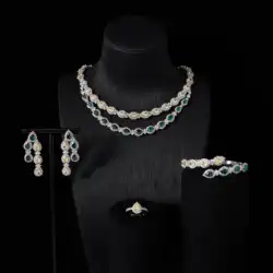 New Year's Treats~ Double Layer Women Jewelry Sets Colors Cubic Zirconia Necklace Earring Bracelet Ring Set for Wedding 240813