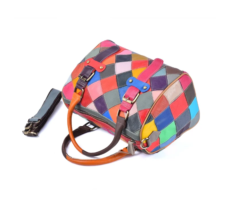 Hot Genuine Leather Women Handbag Fashion Plaid Colorful Patchwork Ladies Boston Bags Women Pillow Bag Bolsos sac a main