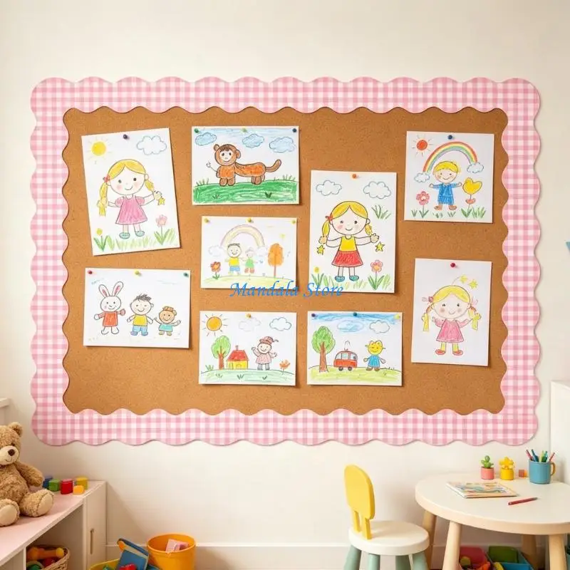 U2JC Elegant Gingham Design Bulletin Boards Border Sticker Adhesive Scalloped Decal for Home Office Classroom Decoration