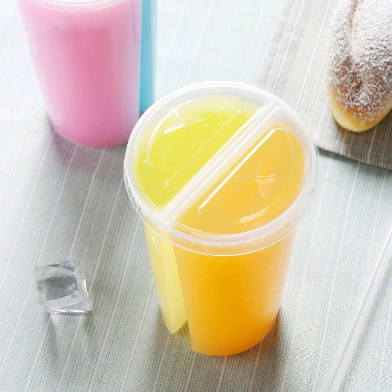 10Pcs 700ml Disposable Plastic Cups with Lids Double Grid Thicken Cup Couple Sharing Drinking Cup for Bubble Tea Boba Smoothie view 4