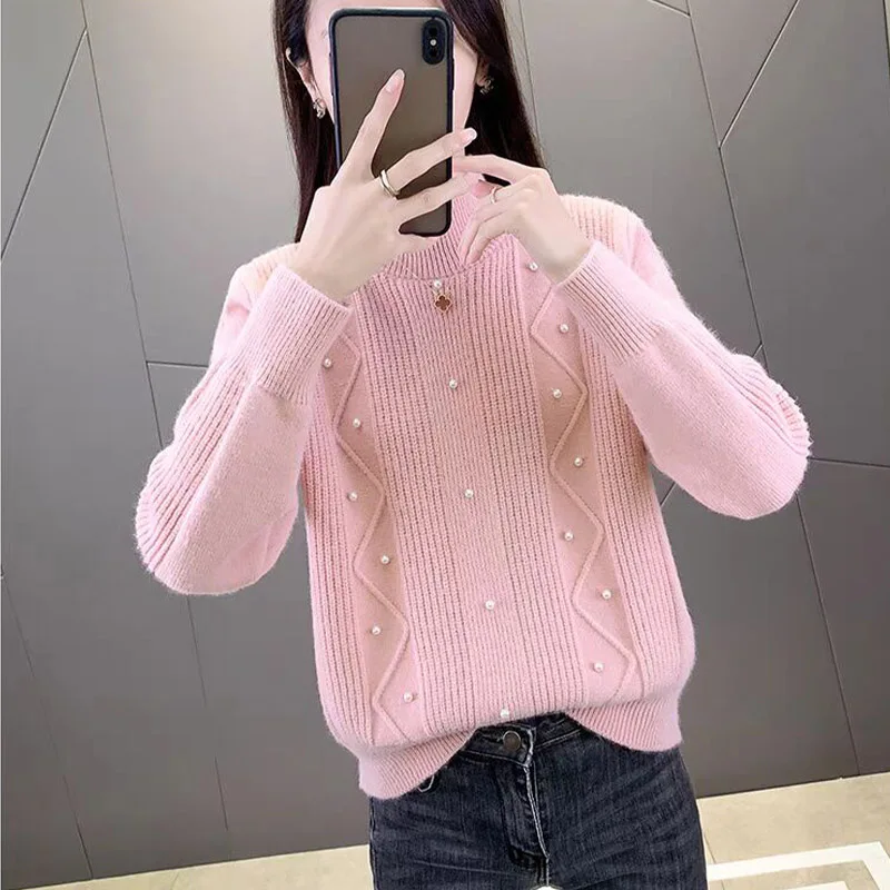 Autumn Winter New Bead Sweaters Vintage Loose Thick Knitted Pullovers Office Lady Solid Chic Tops