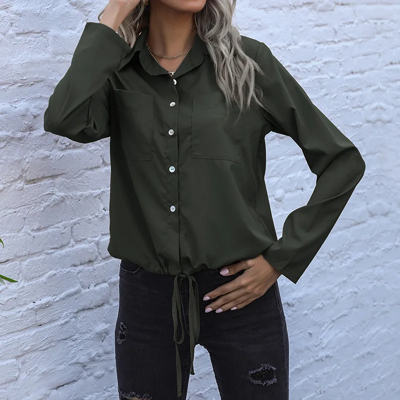 Woman Blouse 2025 Spring Autumn New Solid Color Drawstring Hem Turn-Down Collar Long Sleeved Casual Pocket Design Shirt