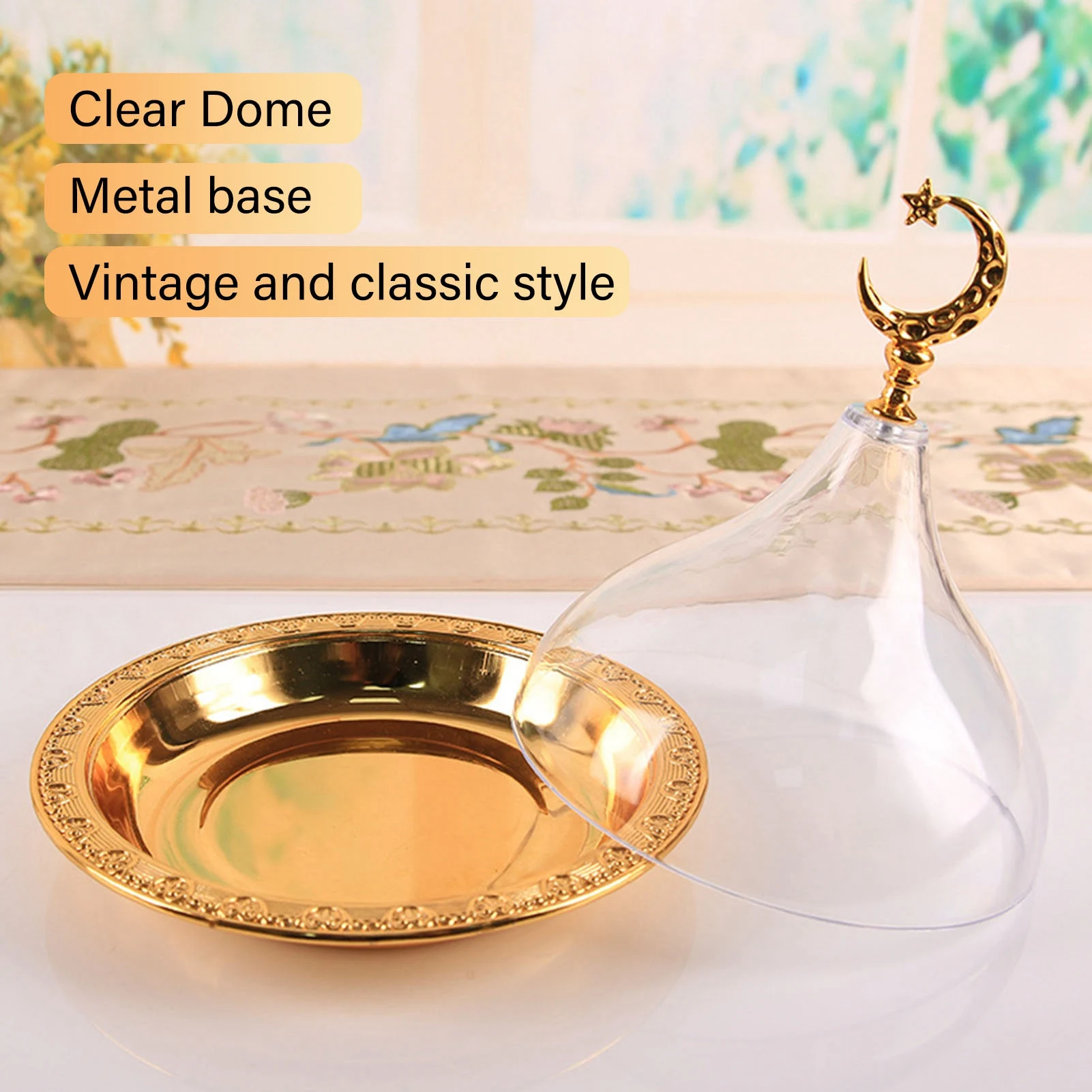 Serving Plate with Dome Golden Embossed Patterns Stainless Steel Acrylic Serving Dish with Dome for Party Cafe