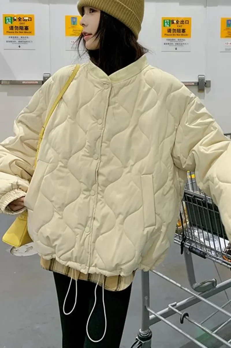 Parka de gola alta emagrecedora para mulheres, estilo coreano, grade de diamante, jaqueta de algodão, roupa feminina, moda, preguiçoso, 2024