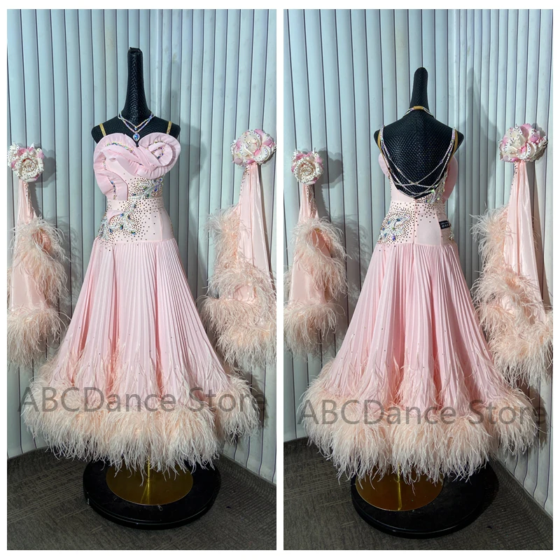 

light pink Ballroom Dancewear Standard dance Dress Modern dress pearl dancewear modern Ostrich Feather