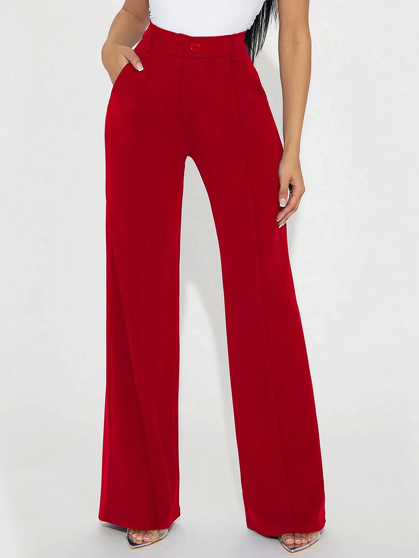 

Женские однотонные красные брюки с высокой талией и широкими штанинами на пуговицах