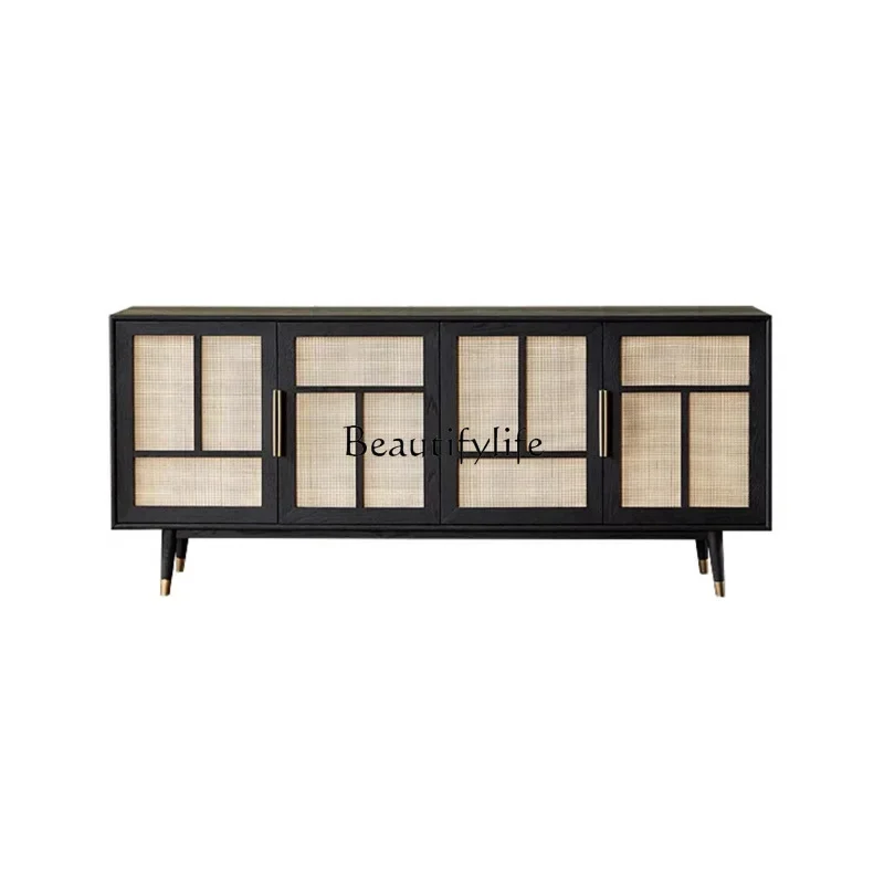 

ld36Nordic medieval solid wood dining side cabinet, living room household rattan oak foot double door cabinet, modern simplicity