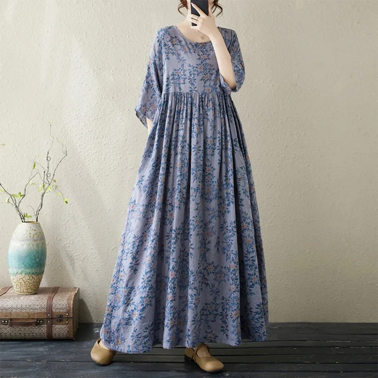 Plus Size Bohemian Print Maxi Long Dress for Women Floral Casual Cotton Linen Loose Vintage Vestidos Para Mujer Robe Dresses