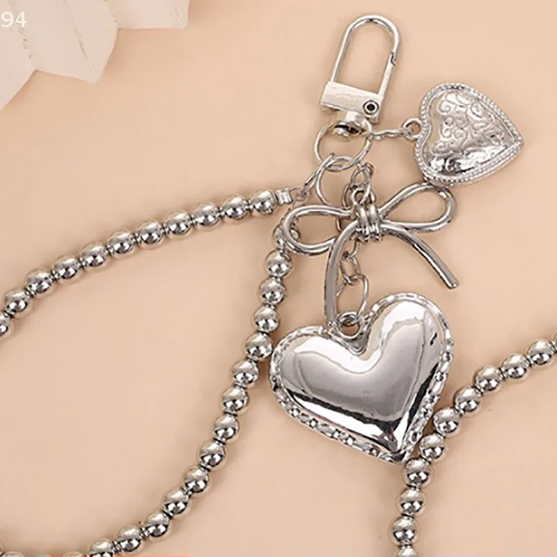 1 Piece Fashion Metal Bead Heart Bow Key Chain For Women Sweet Bag Hanging Decoration Pendant Y2K Jewelry Accessories