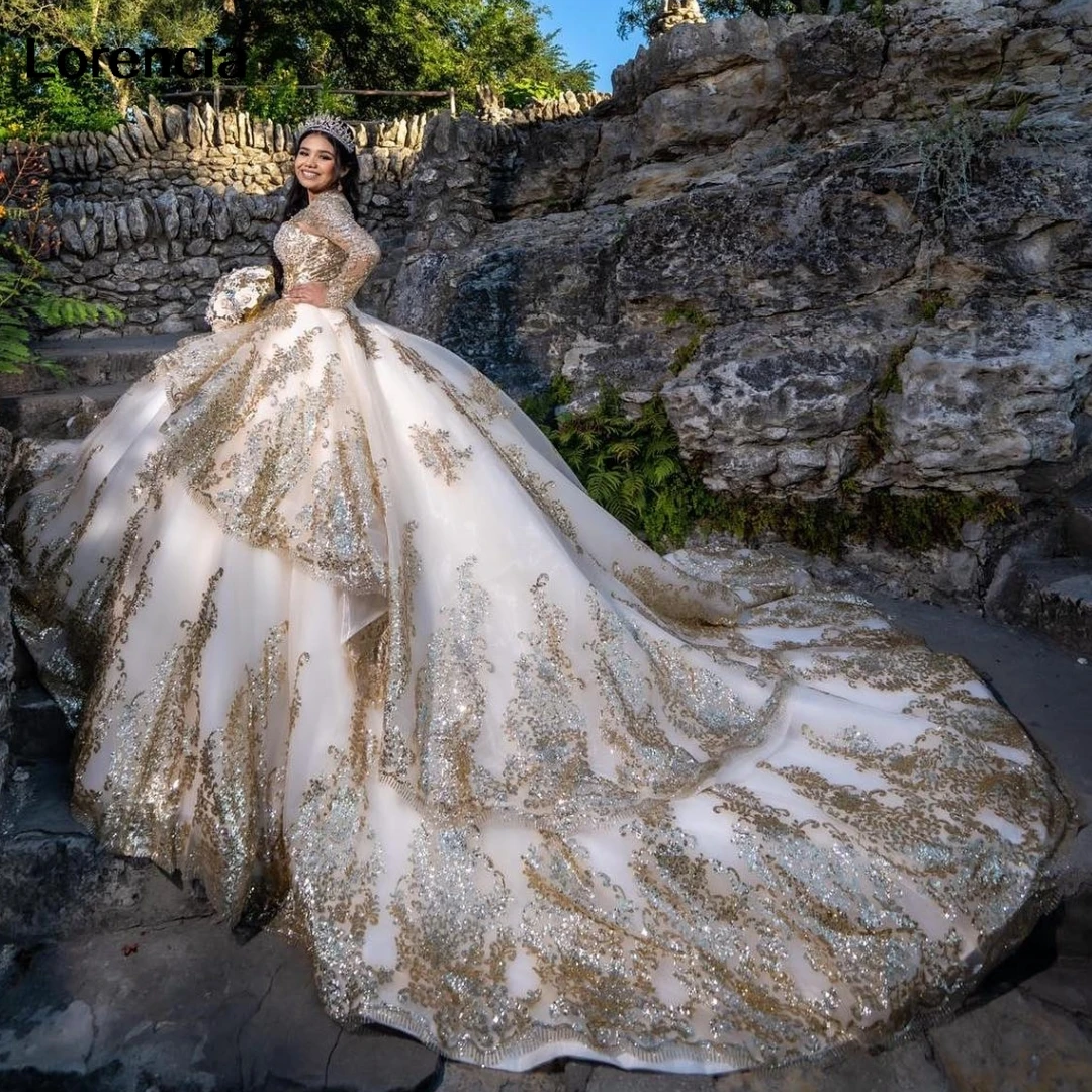 Lorencia-Vestido Quinceanera dourado brilhante com renda, vestido de baile, apliques brilhantes, espartilho mexicano frisado, Sweet 16, 15 anos, YQD873