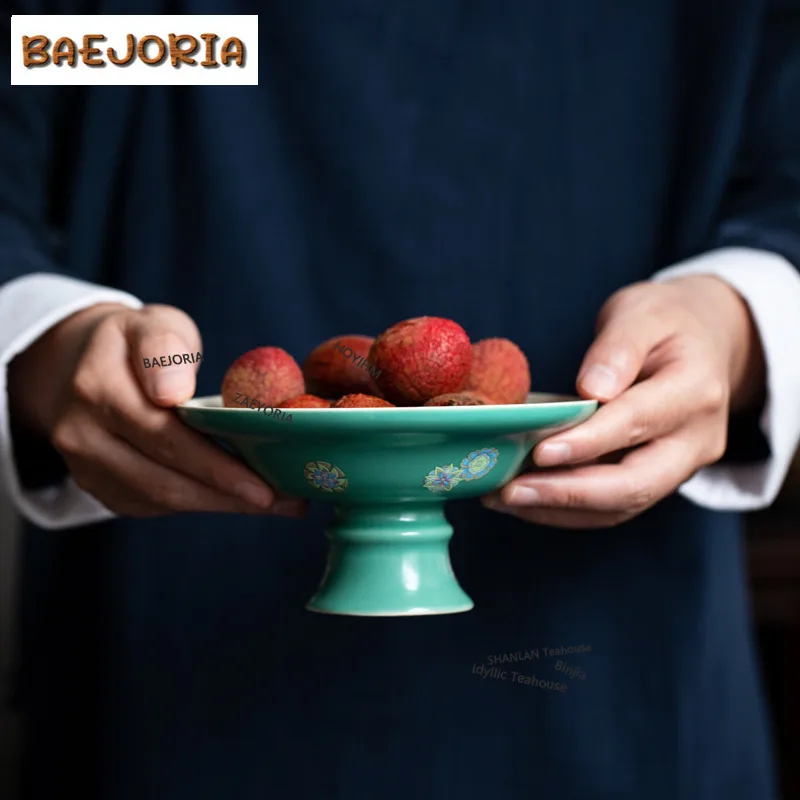 BAEJORIA Japanese Turquoise Green High Fruit Dishes Handmade Pastry Plate Plates For Food Drinkware Supplies Decoration Gifts
