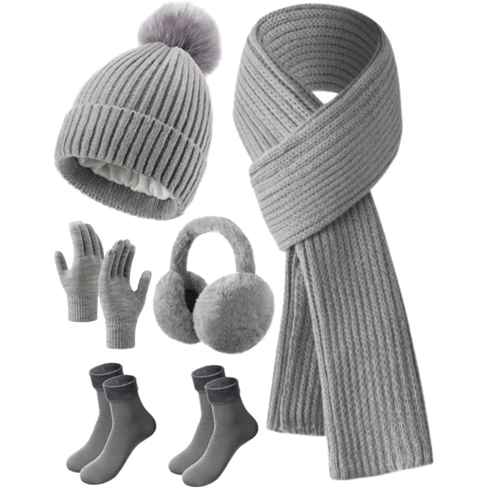 6 قطعة مجموعة الشتاء الدافئة للنساء قبعات حريمي دافئة قفازات لمس وشاح طويل الأذن يفشل الجوارب هدايا الشتاء للنساء
