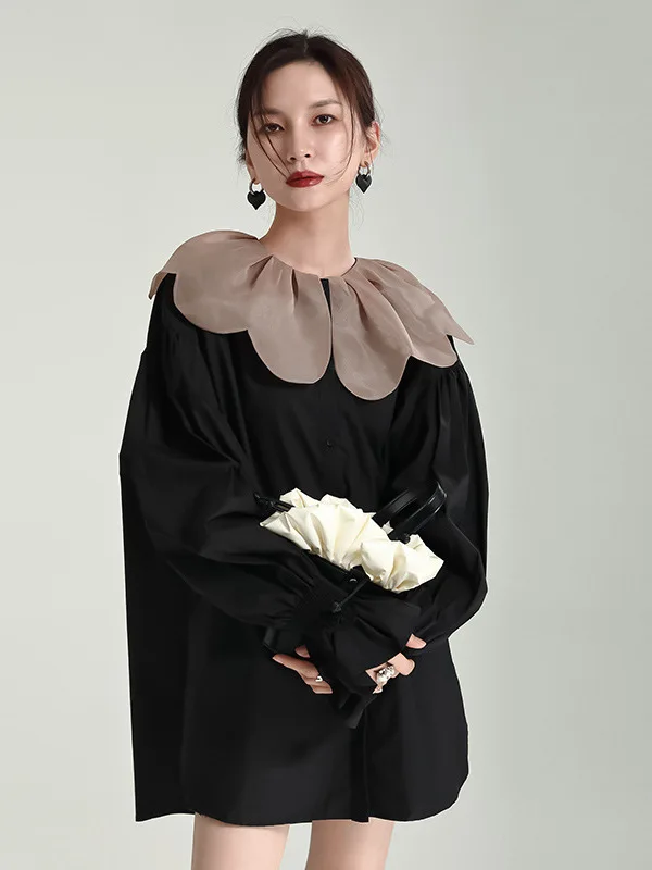 Street Style Loose Fit Mid-Length Shirt Women's Petal Collar Tailored Blouse Spring Autumn Fashion Casual Cotton Shirt