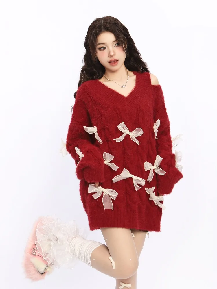 

Elegant Woman Korean Fashion Cute Pullover Sweet 2000s Sweater Sexy Oversize Bow Knitwears Designer Aesthetic Chic Winter New