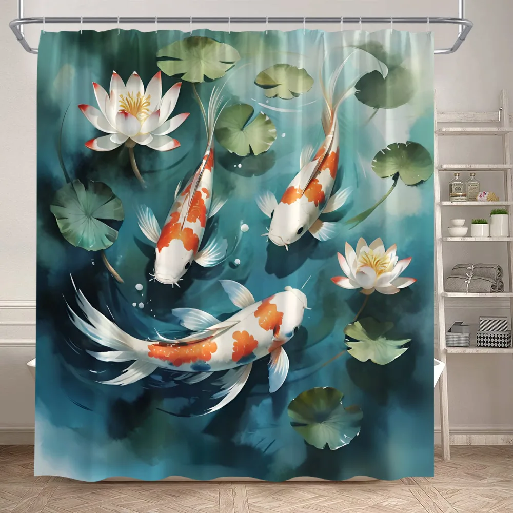 Floral Koi Carp Shower Curtains Fish White Lotus Green Leaves Plant Japanese Style Art Modern Polyester Bathroom Curtain Decor