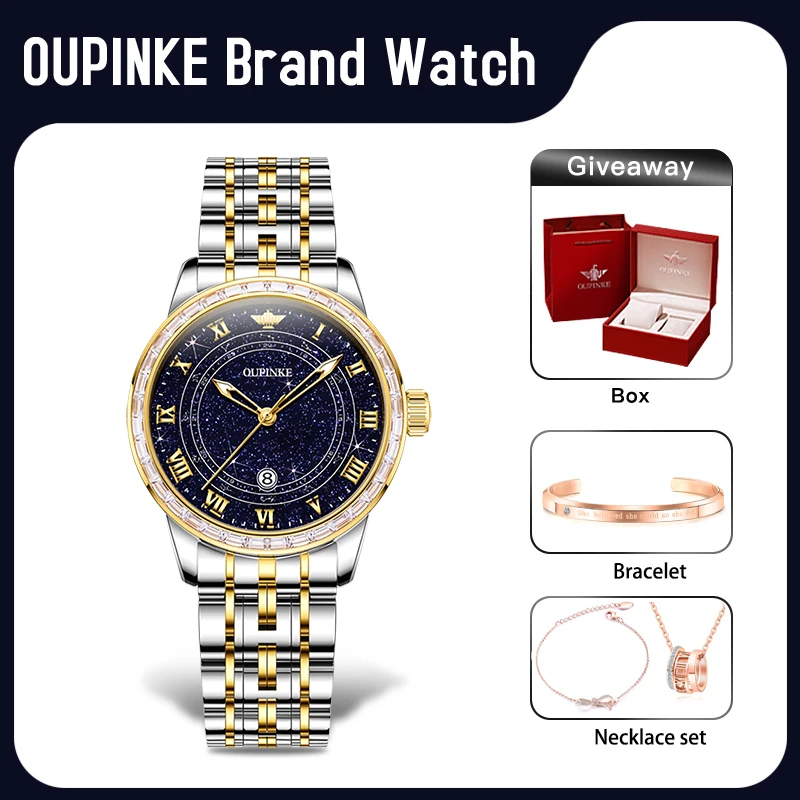 OUPINKE 3203 Womens Watch Automatic Movement Mechanical Watch Starry Dial 50M Waterproof Ladies Watch Gifts Original Luxury