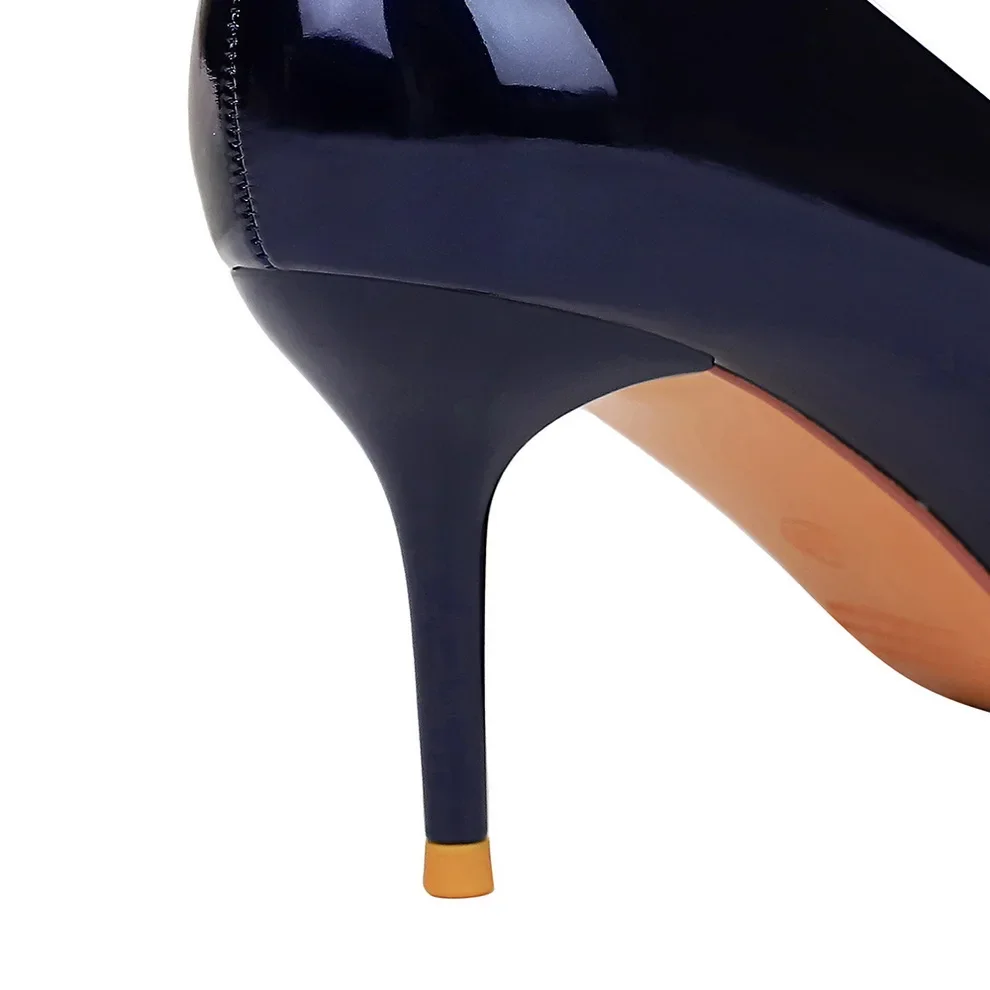 Women 7cm High Heels Career Temperament Work Pumps Lady Stiletto Heels Glossy Leather Fetish Royal Blue Nude Party Concise Shoes