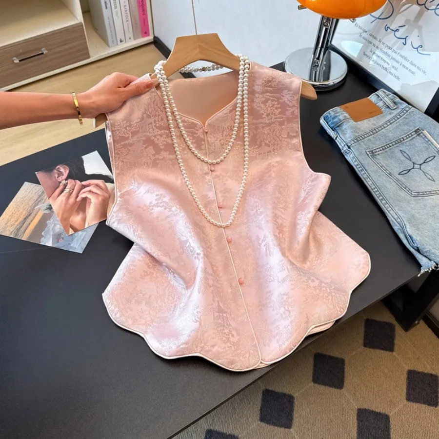 Handmade Chinese Style Reformed National Trend Satin Surface Embroidery Button Small Stand Collar High End Vest Top Coat