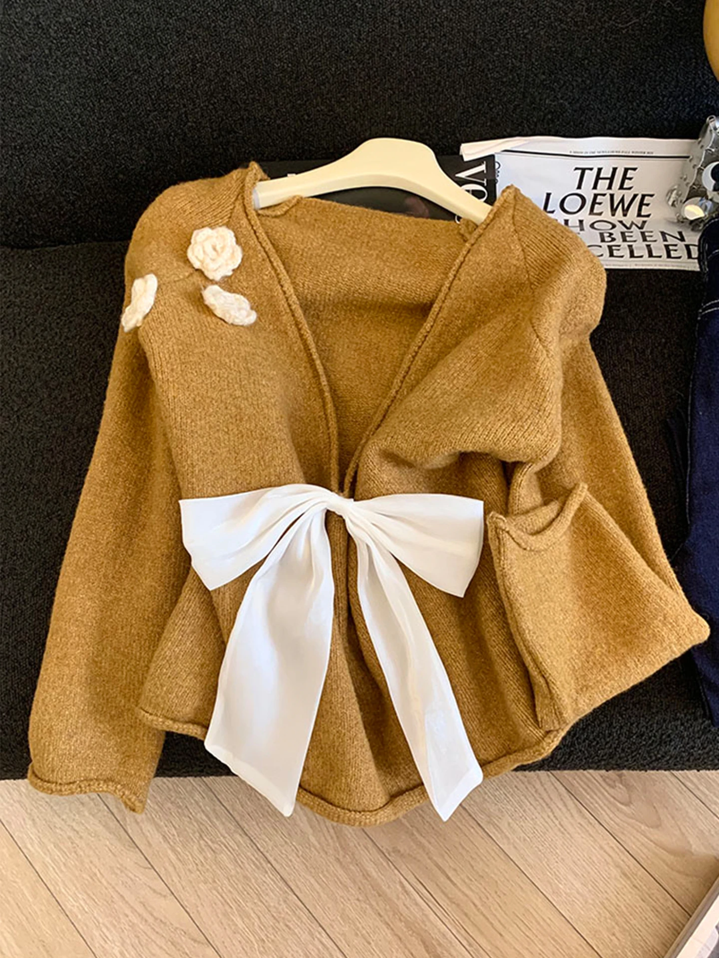 

Sweet Sle Bal Long Sve V-Ne Knitted Sweater Women's Autumn Winter Faion Design Knot Top Casual Wear