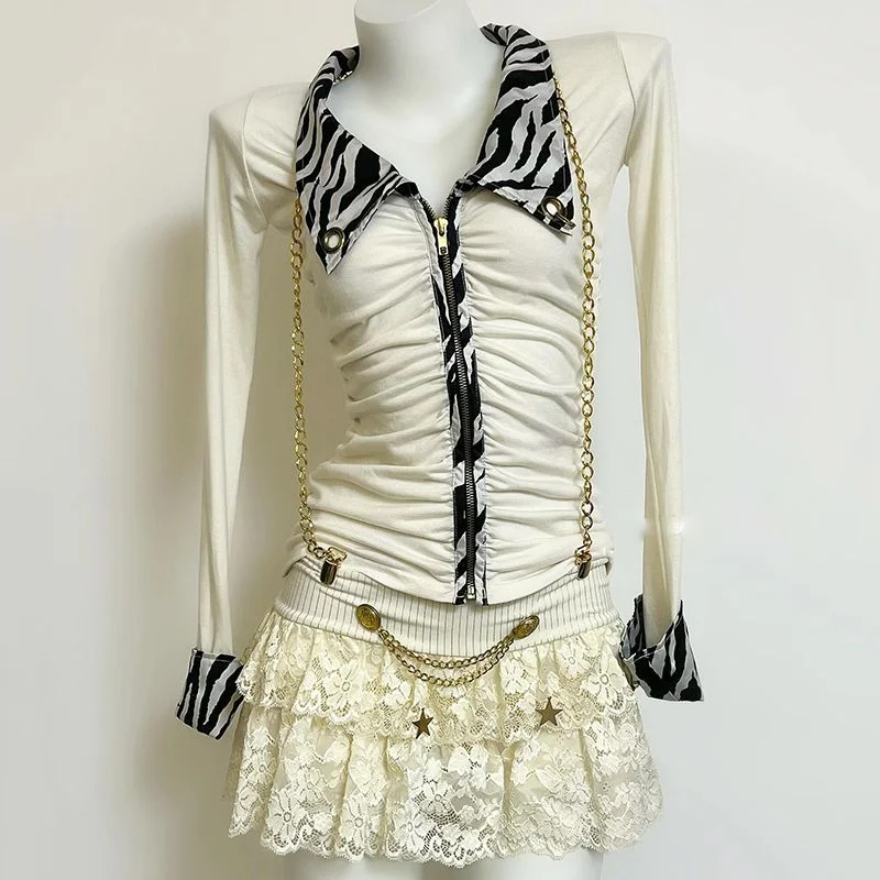 

Американские Ретро Y2K Субкультура Зебра Лоскутные футболки с длинными рукавами Панк-молния Винтажная модная женская одежда Slim Fit Шикарные топы