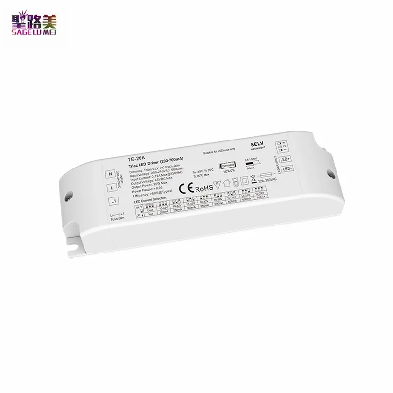 10-42VDC 20W 200MA-700mA Triac Constant Current Driver Controller TE-20A AC220-240V 2000Hz LED Power Supply For Spot Panel Lamp