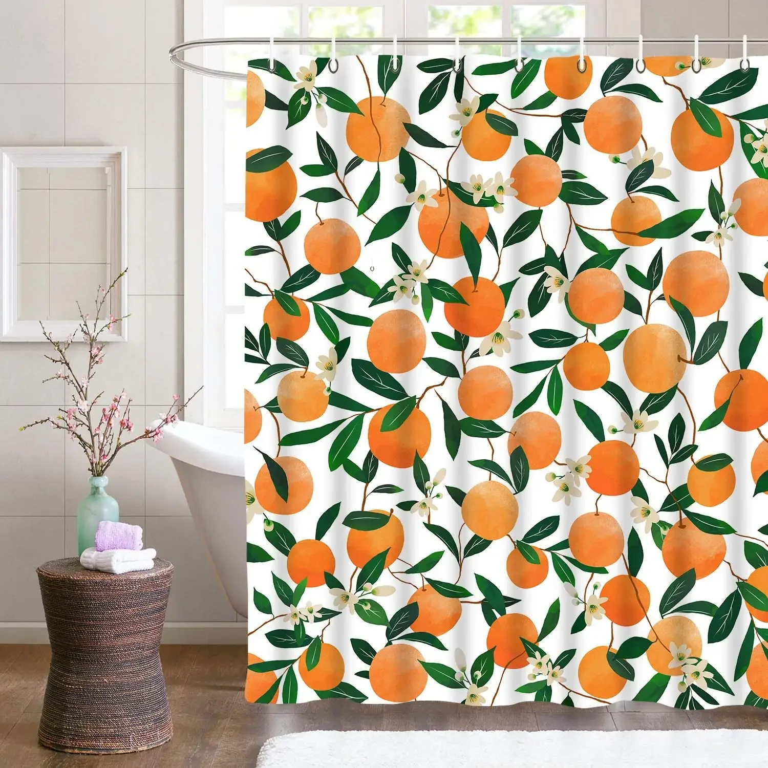 Orange Shower Curtains,Allover Fruits Shower Curtain Round Citrus Pattern Waterproof Fabric Bathroom Bath Curtain Sets with Hook