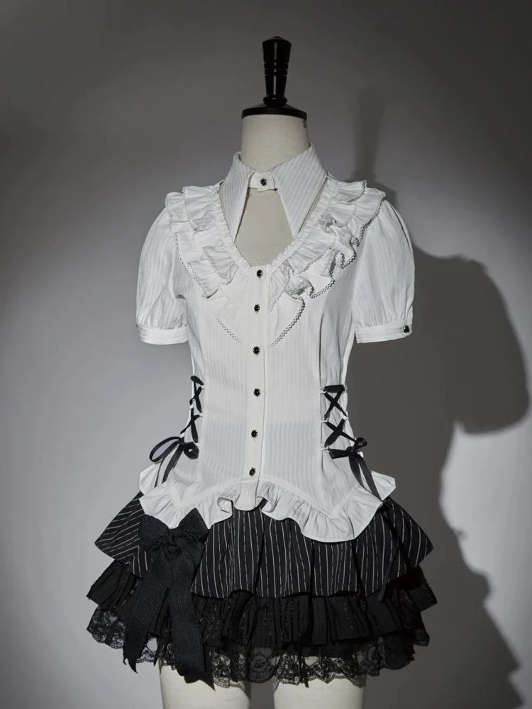 

Gothic Women's Lolita Skirt Suits Outfits New Summer White Kawaii Bandage Shirts Punk Y2k Mini Skirt Japanese Style Cosplay Set