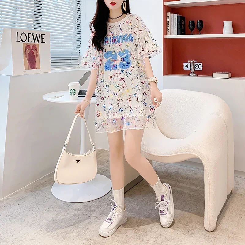 Summer New Fake Two Piece T-shirts Women Oversize Korean Style Loose Letter Printed Patchwork Mesh O-neck Dress T-shirt Female