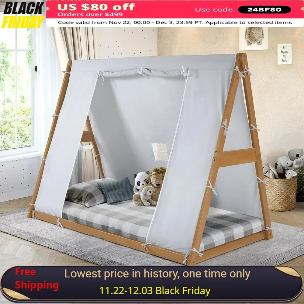 Tent Twin Floor Bed - Natural or White Frame, Grey, Children’s Bedroom Furniture … (Natural Frame)