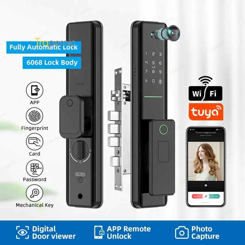 

Smart Door Lock With Video Camera And Bell Outdoor Wifi Tuya App Biometric Deadbolt Push And Pull Automatic Lock