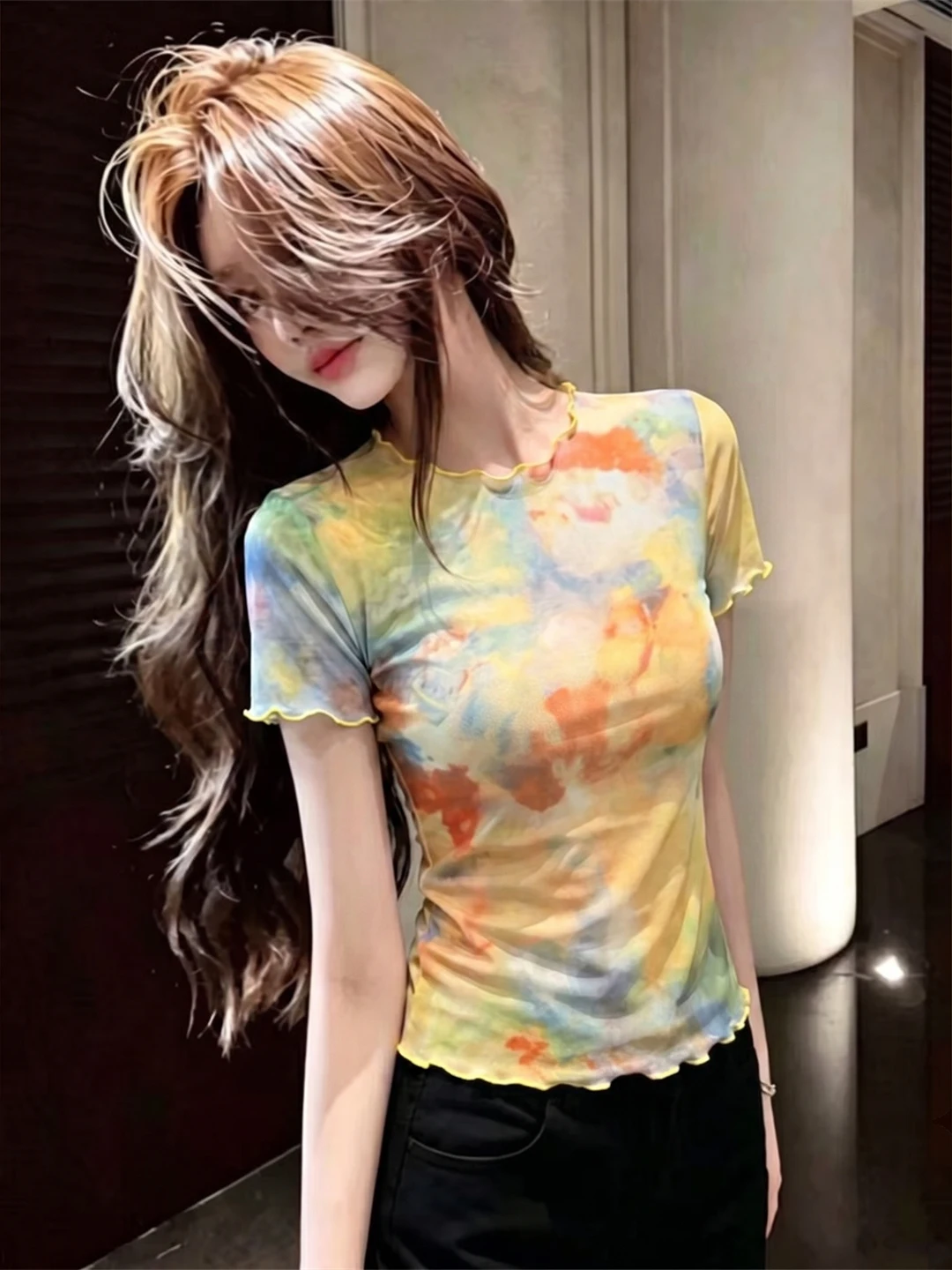 Chic Tied-Dye Contrast Color Summer Top Slimming Shoulder Design Fashionable Korean Style Short Sleeve round Neck Tee