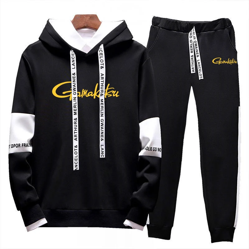 2023 Men's New Gamakatsu Fishing Logo Printed Hooded Sweatshirt+Sweatpants 2 Pieces Set Sports Joggers Frenulum Solid Color Suit