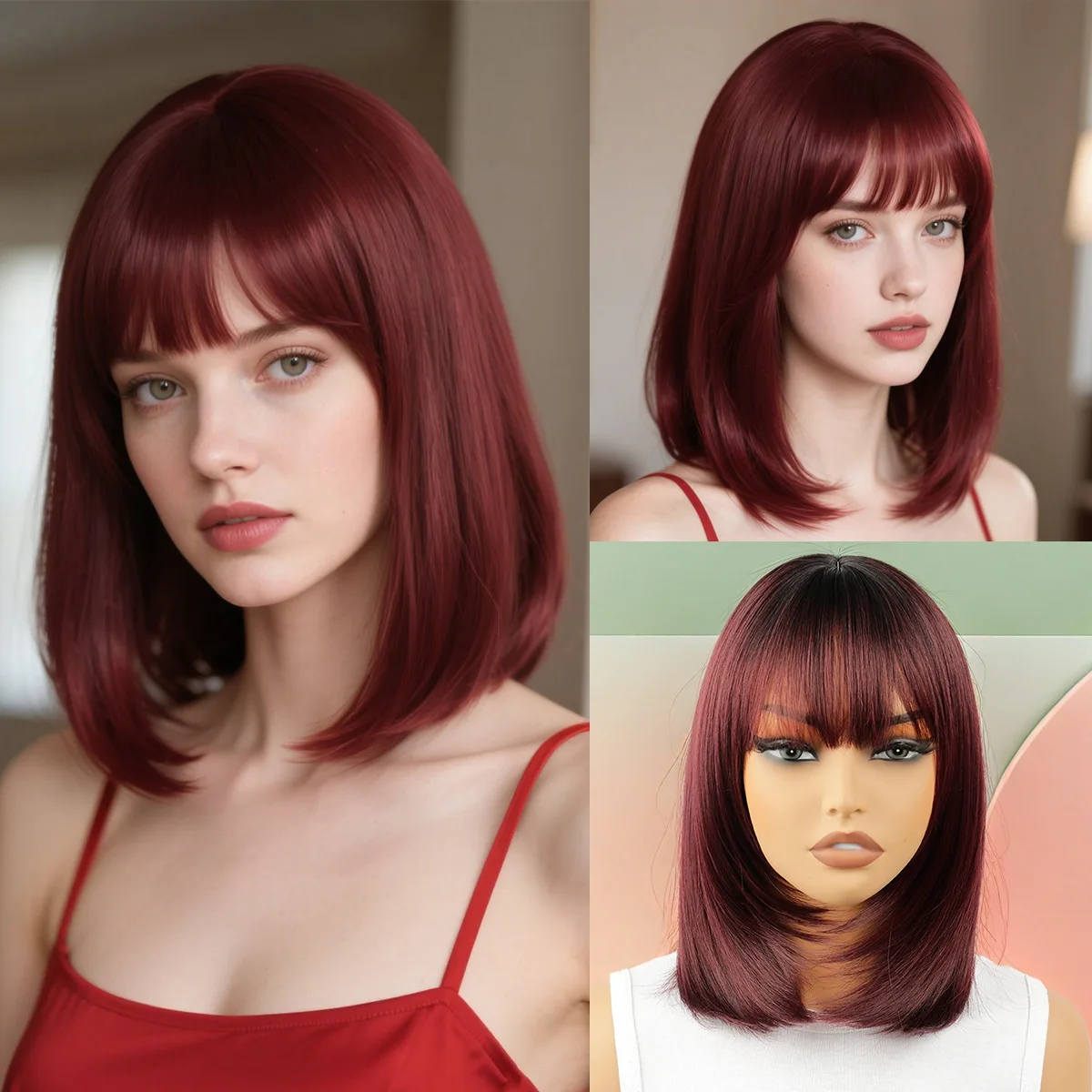 

Хит продаж, парик, женский полный головной убор, челка Ци, короткая голова бобо, бордовый, постепенная смена волос из химического волокна