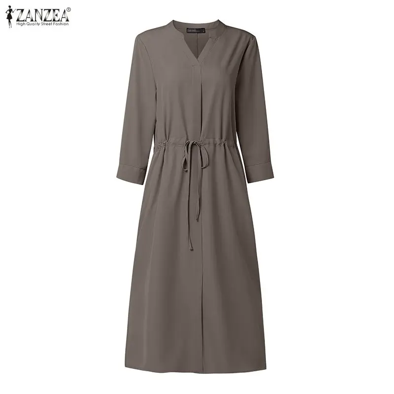 Women's Elegant Minimalist Midi Dress V-Neck 3/4 Sleeve Drawstring Waist A-Line Slit Hem Dresses ZANZEA Summer Solid Robes Femme