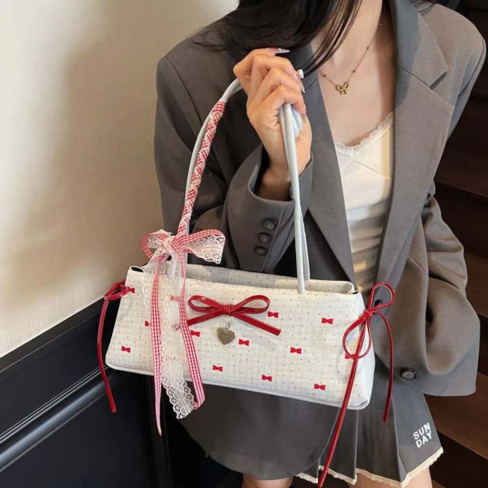 Portable Sweet French Stick Handbag Contrast Color Lace Ribbon Bow PU Shoulder Bag Texture Korean Style Underarm Bags Girls