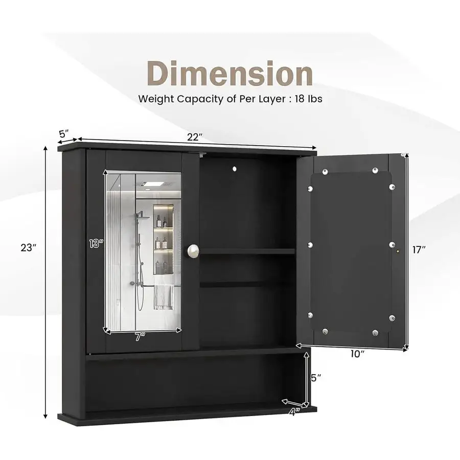 

Настенный шкаф для ванной комнаты, деревянный шкафчик для медикаментов с 2 зеркальными дверцами, регулируемой полкой, открытым отделением, для прачечной, гостиной