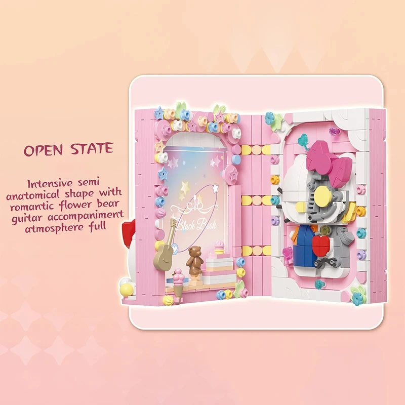 Pink Cat Magic Book Building Blocks Diy Flower Cartoon Door Frame Model Bricks Romantic Desktop Display Holiday Gifts Kids Toys