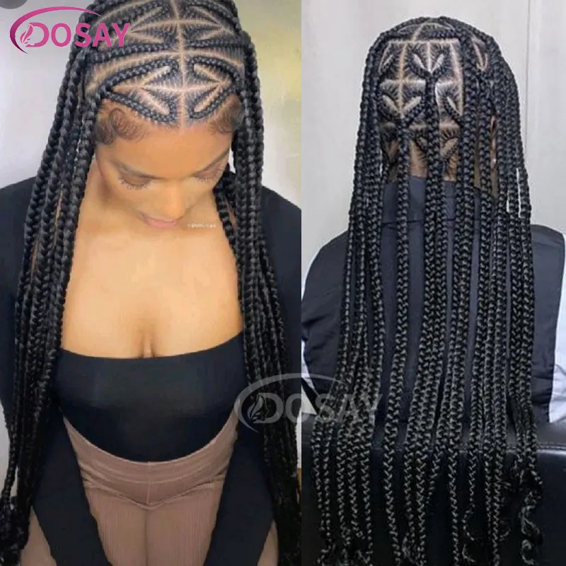 Peruca cheia do laço com cabelo de bebê sem nós coração para mulheres negras, tranças sintéticas Cornrow, peruca dianteira do laço, novo, Dosay, 36"